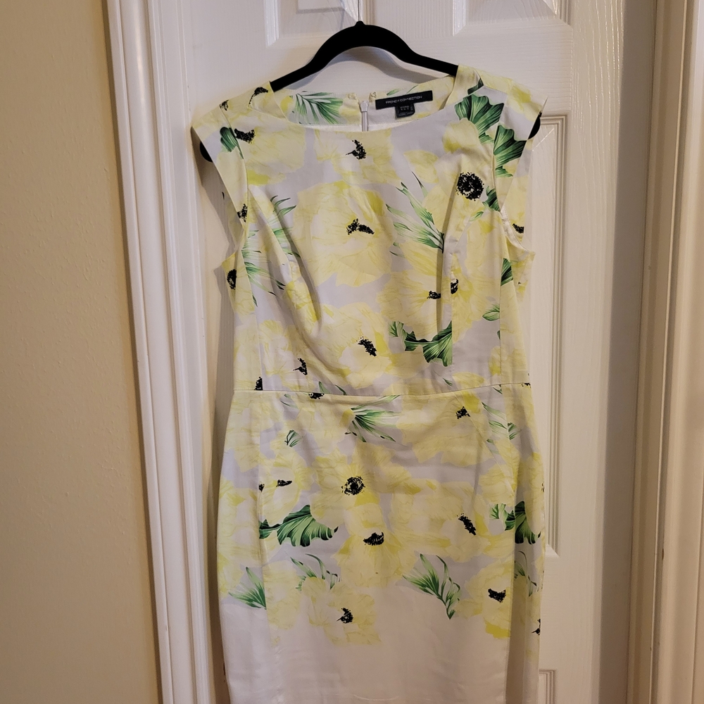 French Connection Ruched Yellow and White Sheath Dress